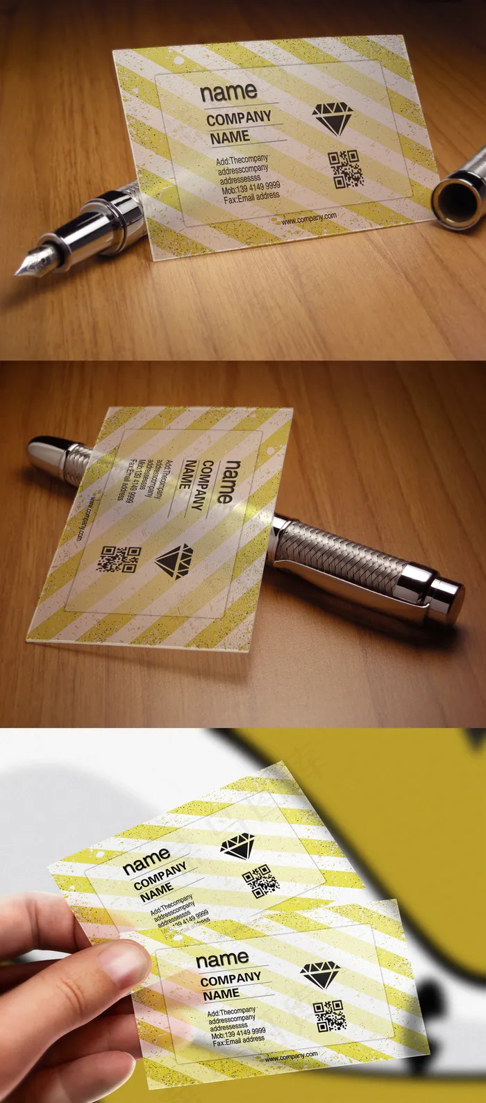亮黄简洁创意商务斜纹透明名片设计psd模版下载