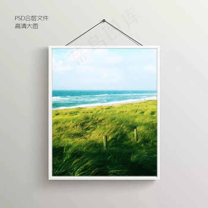 浪边绿草摄影无框装饰画psd模版下载