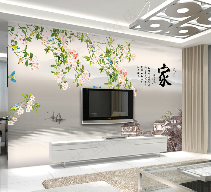 水墨花鸟家画电视背景墙(9071X5669(DPI:72))psd模版下载