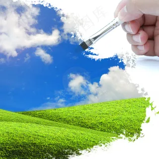 蓝天白云草地风景与画笔