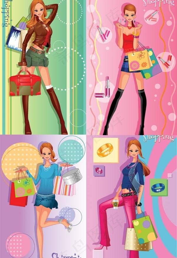 4款时尚购物城市女孩插画矢量素材