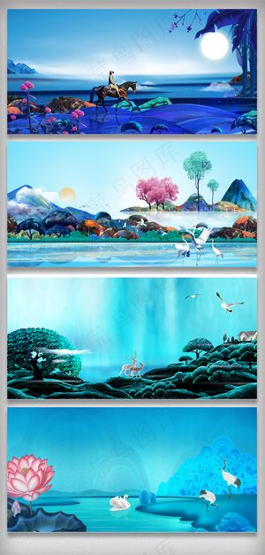 蓝色新中式水墨山水展板背景素材