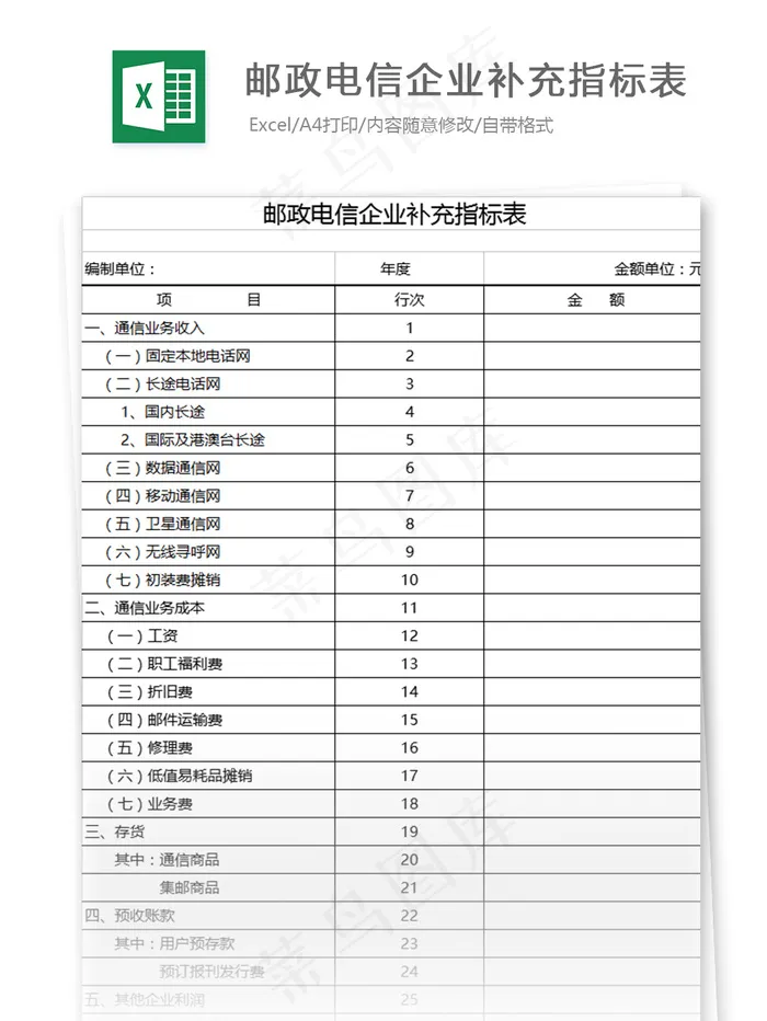 邮政电信企业补充指标表格