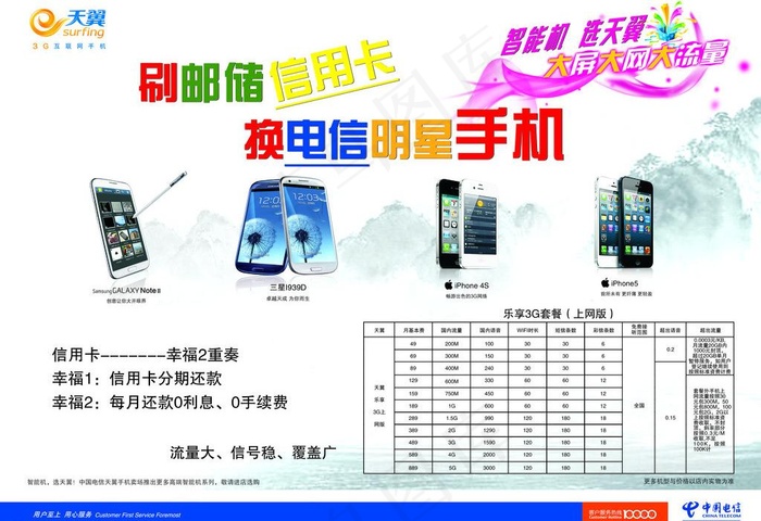电信手机彩页图片psd模版下载