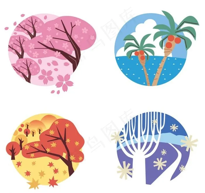 春夏秋冬四季 大树 树eps,ai矢量模版下载