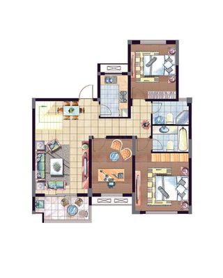 彩色户型图平面效果图分层psd模板...