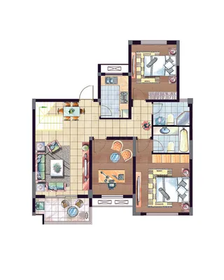 彩色户型图平面效果图分层psd模板...