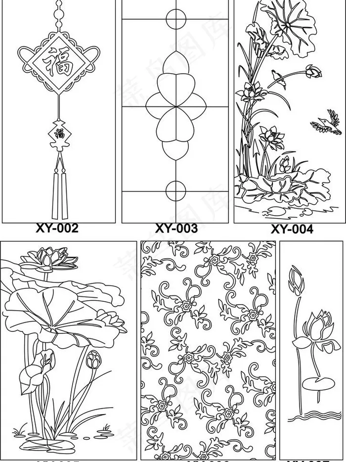 福 荷花 莲 花纹 玻璃 刻绘图片cdr矢量模版下载