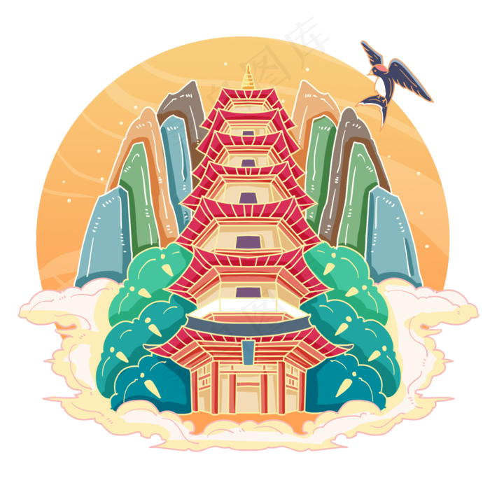 古风温州松台山净光塔,免抠元素(2000*2000px 300 dpi )psd模版下载