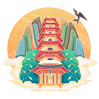 古风温州松台山净光塔,免抠元素