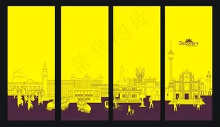 澳门建筑矢量线条图 黄底 矢量人物...