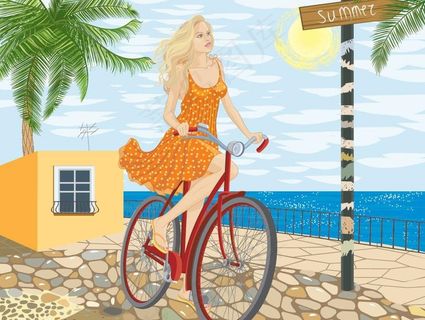 海边骑着自行车的美女图片