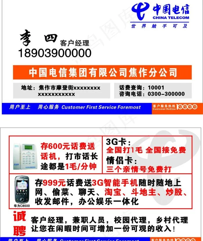 中国电信名片图片cdr矢量模版下载