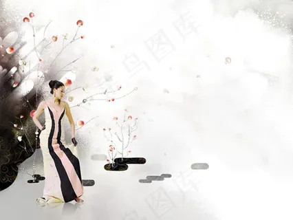 树木与性感裙子美女psd素材