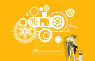 黄色背景上的机械齿轮和工程师