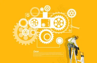 黄色背景上的机械齿轮和工程师