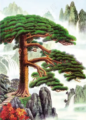 油画迎客松图片