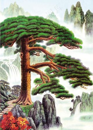 油画迎客松图片