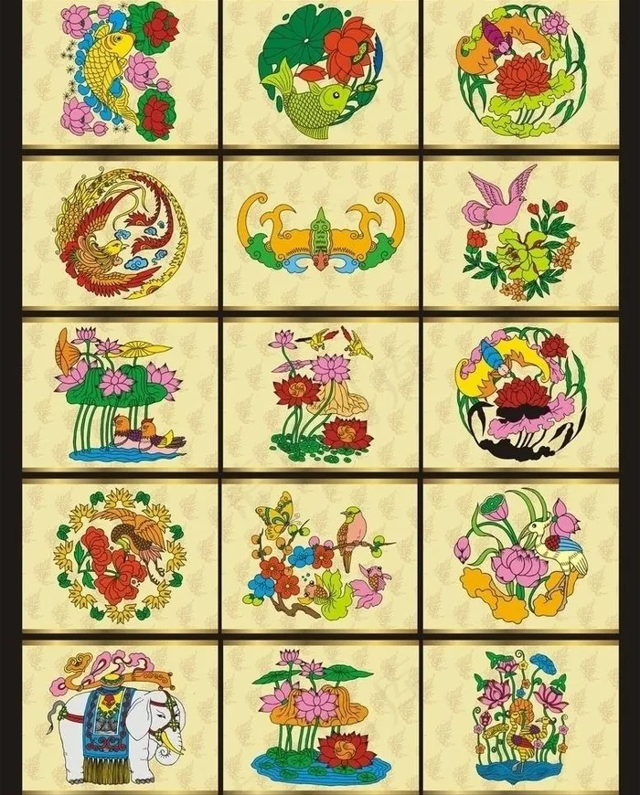 花鸟鱼龙凤纹图片cdr矢量模版下载