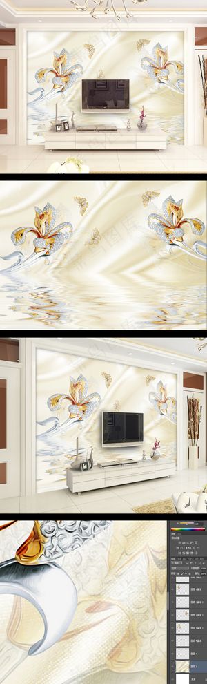 欧式奢华丝绸花朵珠宝背景墙2017