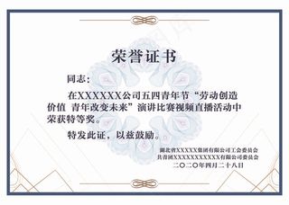 五四青年节演讲比赛荣誉证书