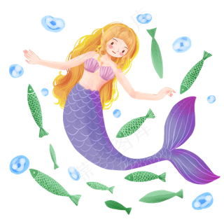 手绘可爱美丽美人鱼鱼群玩耍