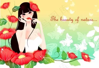 在花朵矢量素材的漂亮女孩