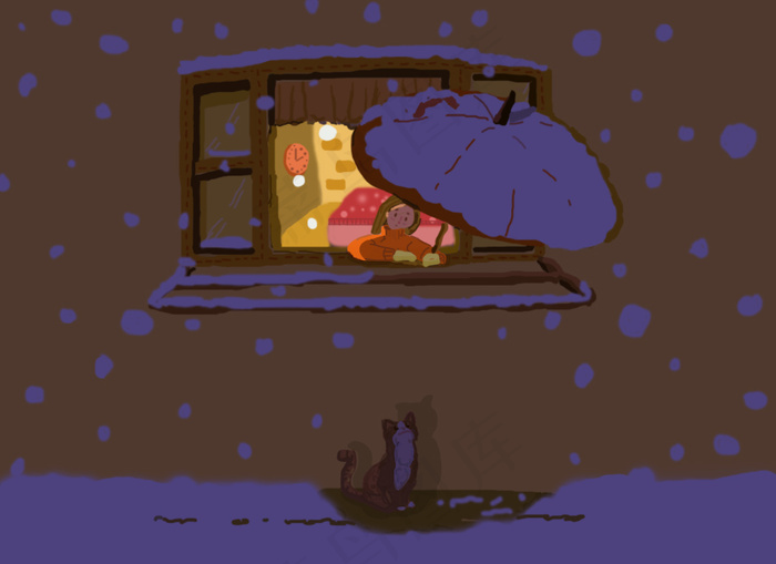 PSD鼠绘一场檐下夜雪（临摹）psd模版下载