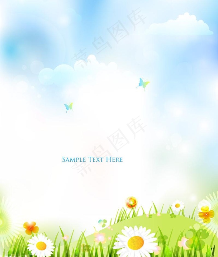 蓝天白云绿草鲜花 春天背景图片