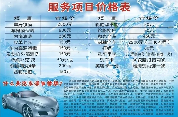 汽车美容价目表图片cdr矢量模版下载