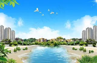 蓝天白云城市楼房图片