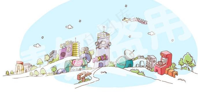 手绘可爱卡通城市图图片ai矢量模版下载