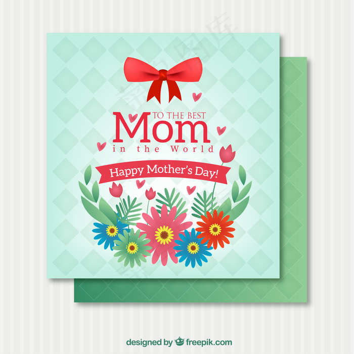 母亲节快乐，有花和红色的蝴蝶结