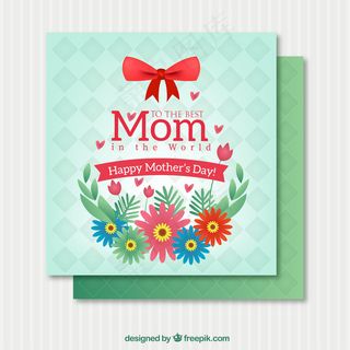 母亲节快乐，有花和红色的蝴蝶结