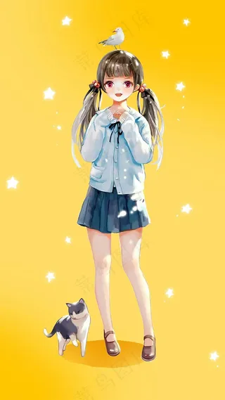 插画小猫女孩小鸟