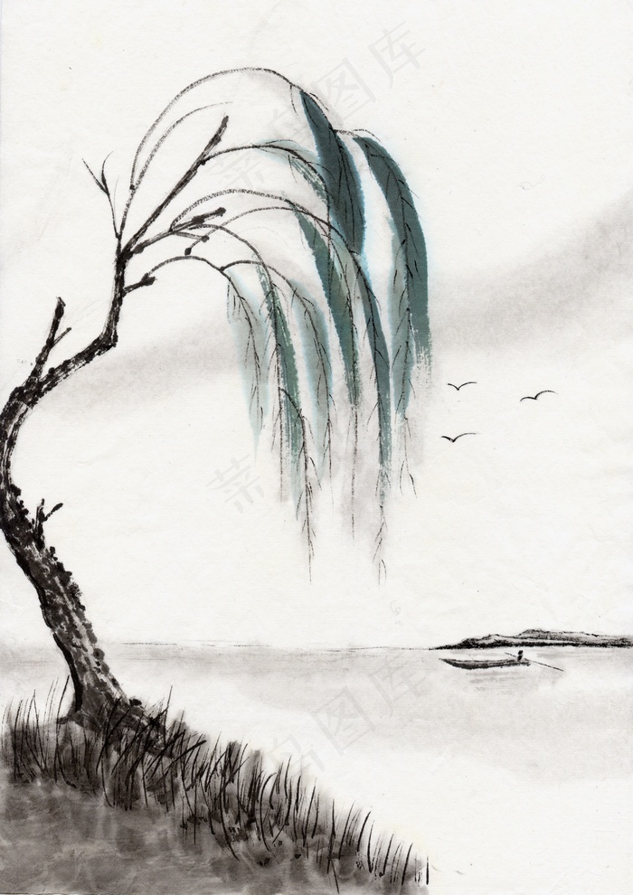 古代风景图 湖边柳树
