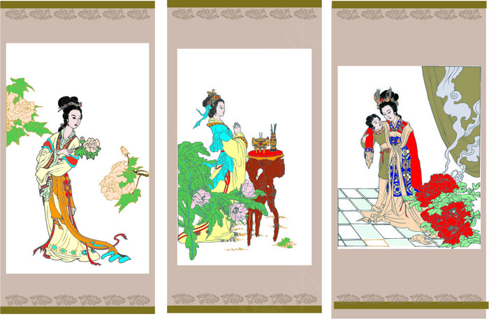 矢量貂婵拜月,贵妃醉酒,仕女赏花图...ai矢量模版下载