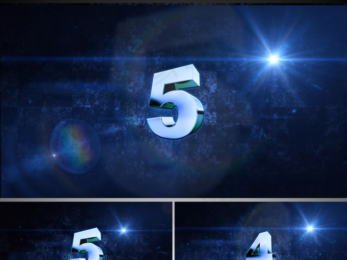 震撼蓝色5秒3D数字倒数计时动画视...