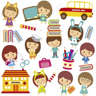 卡通女生表情公车房子剪影插画