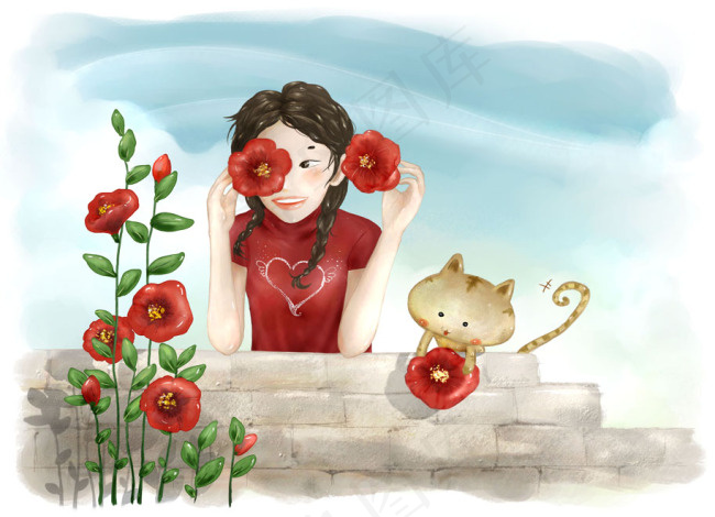 手拿红花的女生psd模版下载