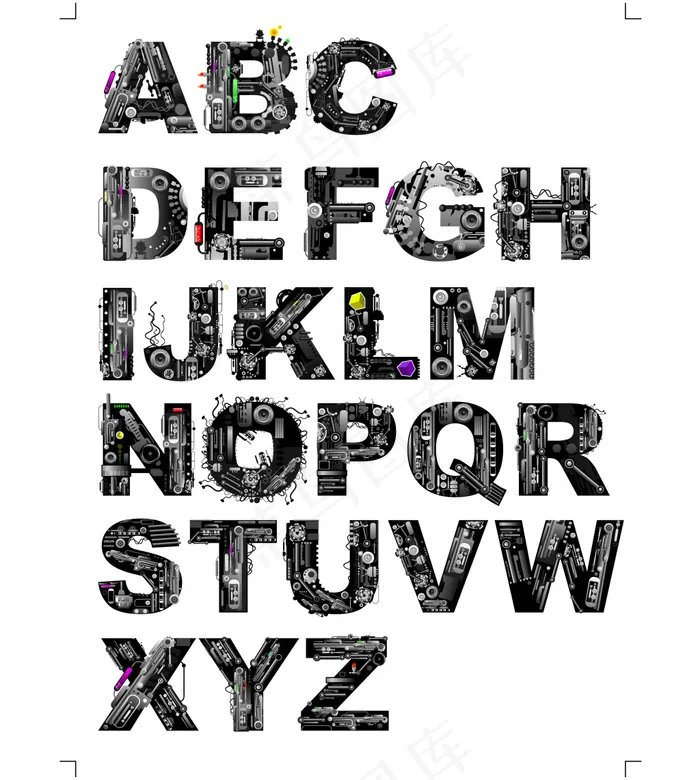 机械效果英文字母字体设计矢量素材E...eps,ai矢量模版下载