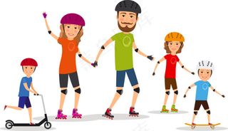 溜冰玩滑板的卡通家庭