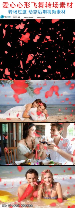 爱心心形花瓣飞舞转场过渡婚礼后期素...