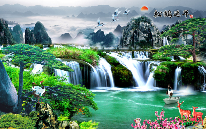 迎客松松鹤延年山水风景画电视背景墙