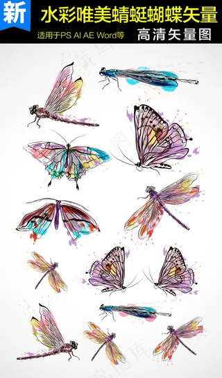 水彩唯美蜻蜓蝴蝶矢量素材