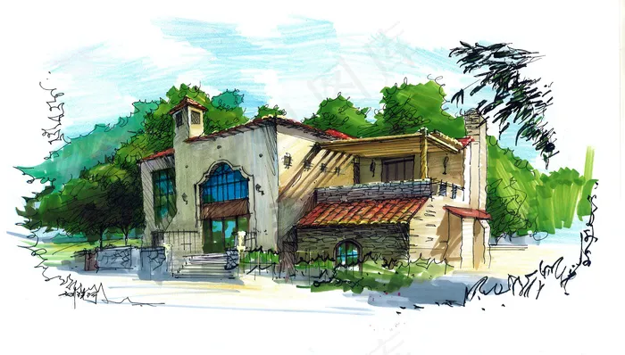 别墅手绘效果图图片