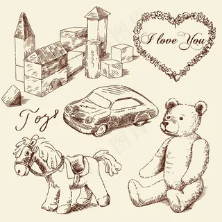 手绘古典儿童玩具02矢量