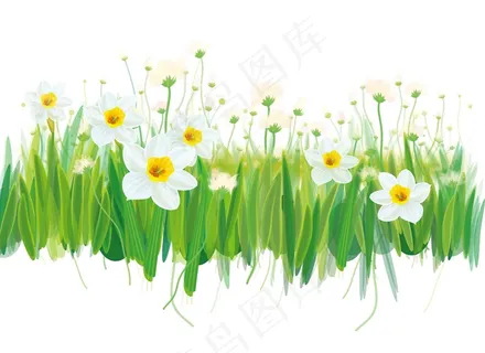 卡通清新绿叶小白花png元素