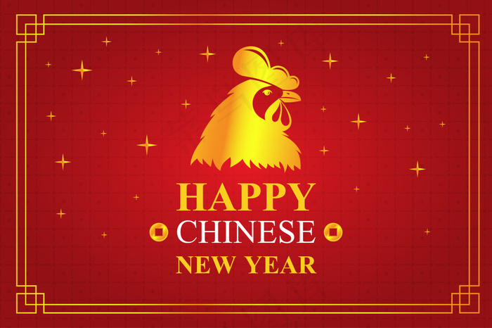 红色中国新年背景与金公鸡ai矢量模版下载