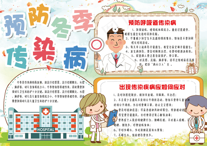 卡通学生预防冬季传染病小报模板(4961X3508(DPI:300))psd模版下载